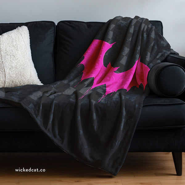 Black & Pink Bat Checkered Decorative Throw Blanket