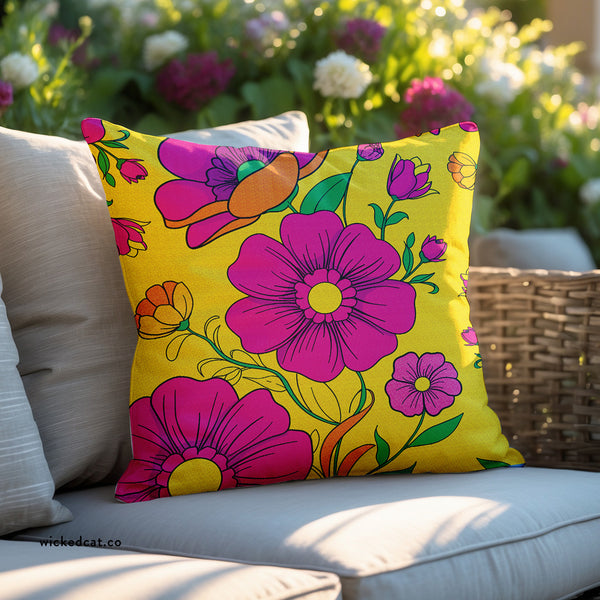 Vibrant Yellow & Pink Floral Indoor Outdoor Accent Pillow