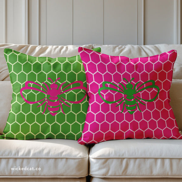 Honeycomb Bee Reversible Pink & Green Indoor Outdoor Accent Pillow