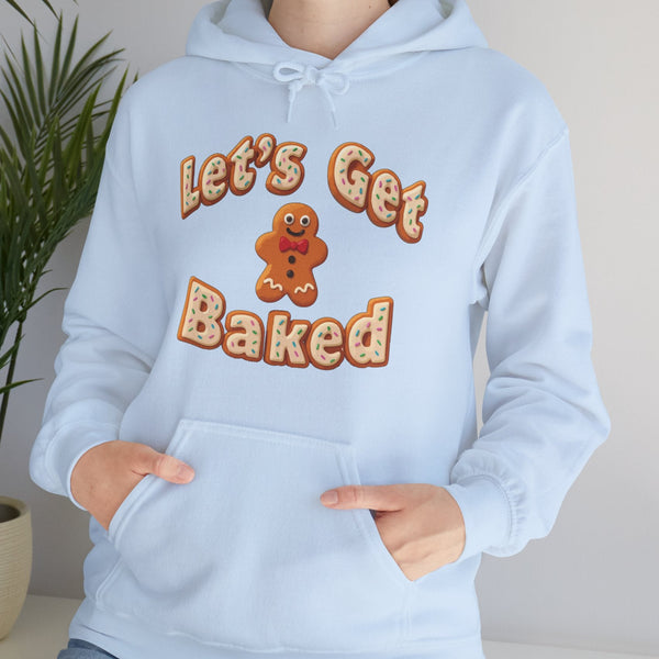 Light blue hoodie with 'Let's Get Baked' text and gingerbread man graphic, worn by a person.