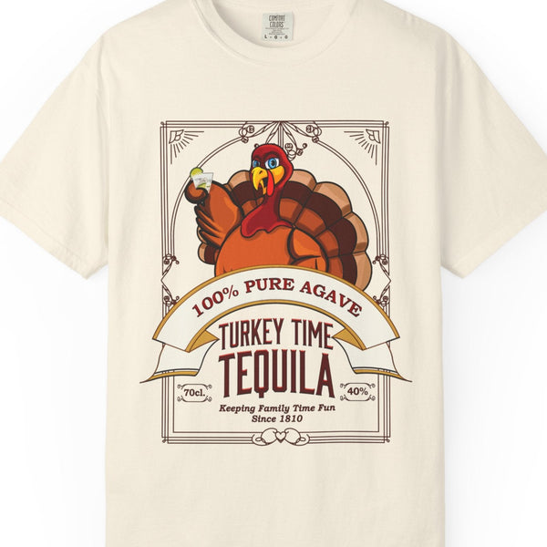 Beige t-shirt with a tequila label design featuring a turkey on a white background
