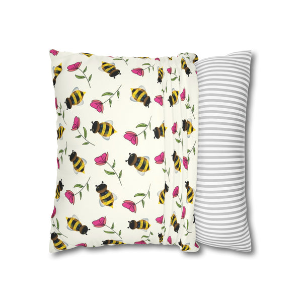 Floral Bees Spring Decor Soft Pillow Cover