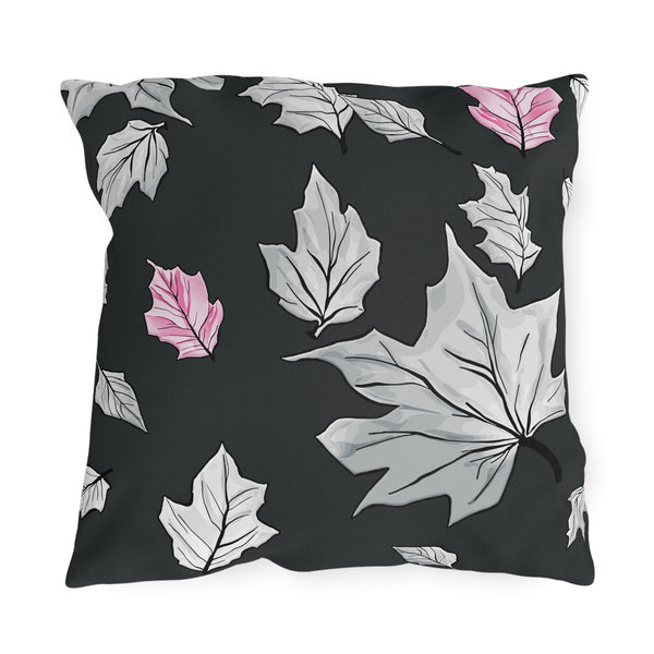 Dark Grey & Pink Fall Leaves Indoor Outdoor Pillow