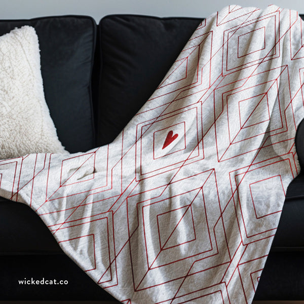 White Art Deco Hearts Valentines Throw Blanket