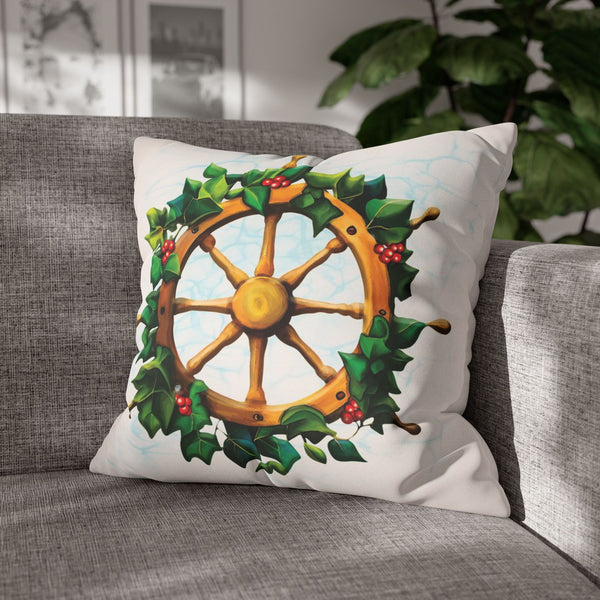 Coastal Christmas Nautical Wheel Faux Suede Pillow Cover