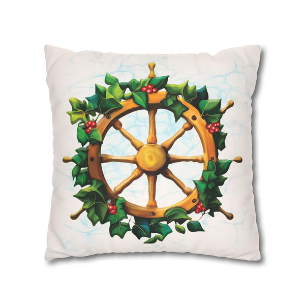 Coastal Christmas Nautical Wheel Faux Suede Pillow Cover