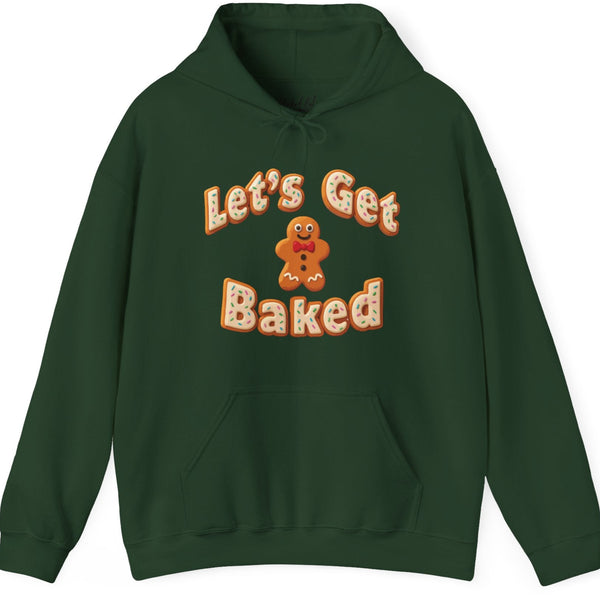 Green hoodie with 'Let's Get Baked' text and gingerbread man graphic on a white background