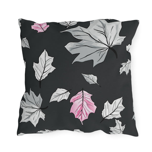 Dark Grey & Pink Fall Leaves Indoor Outdoor Pillow