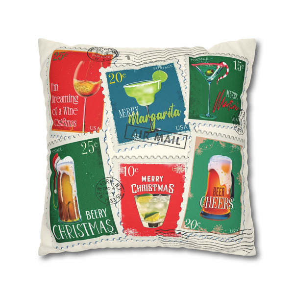 Christmas Cocktail Stamps Faux Suede Pillow Cover