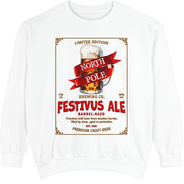 White sweatshirt with 'Festivus Ale' label design on a white background