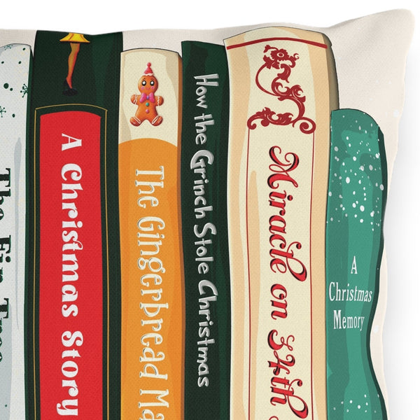 Decorative pillow with book spines design on a white background