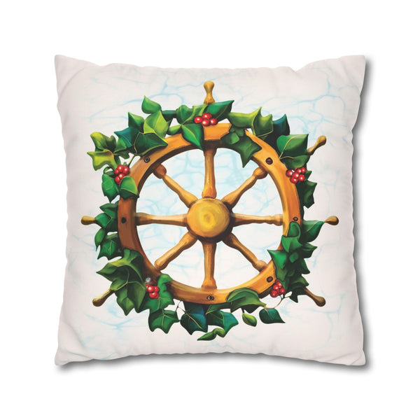 Coastal Christmas Nautical Wheel Faux Suede Pillow Cover