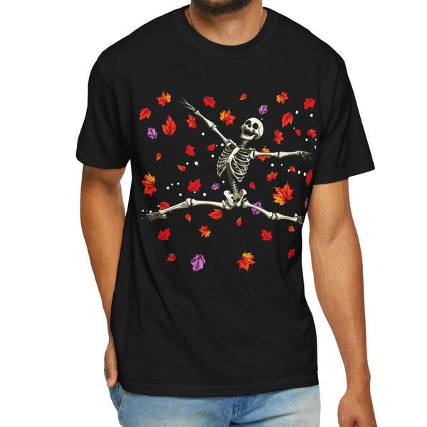 Man wearing a black t-shirt with a skeleton design and colorful leaves on a white background