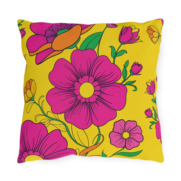 Vibrant Yellow & Pink Floral Indoor Outdoor Accent Pillow