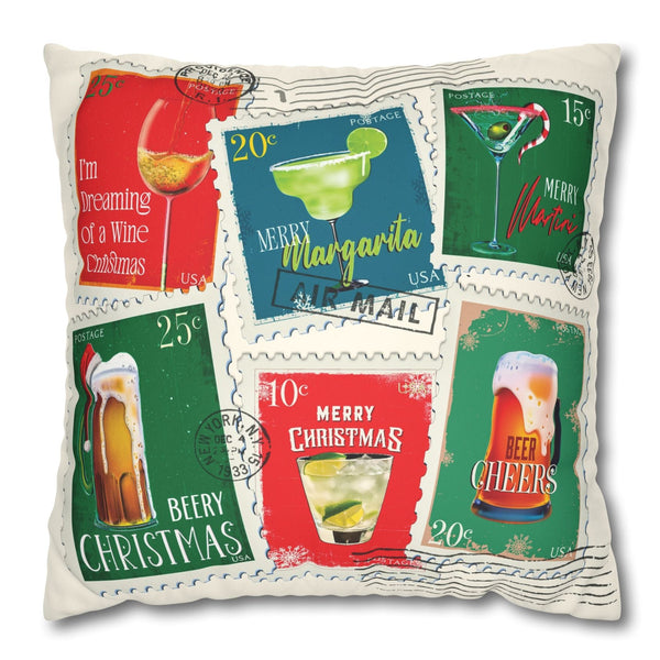 Decorative pillow with festive drink-themed postage stamps on a white background