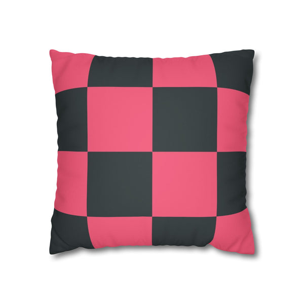 Pink & Dark Grey Checkered Faux Suede Pillow Cover