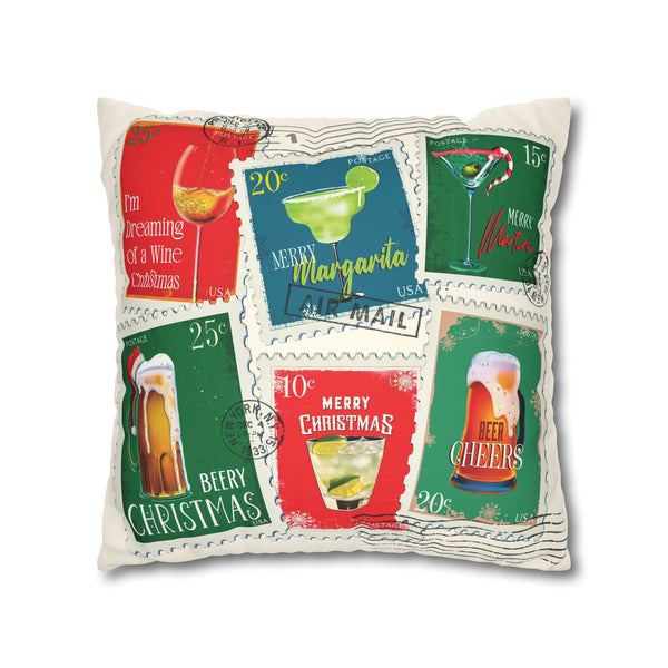 Christmas Cocktail Stamps Faux Suede Pillow Cover