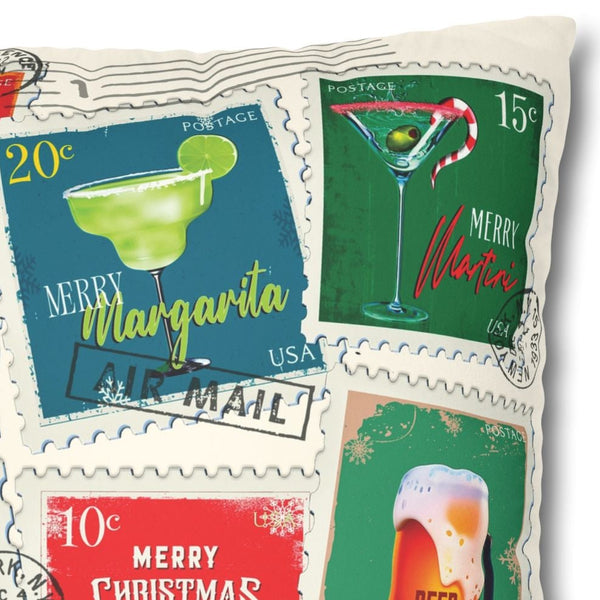Decorative pillow with festive drink-themed stamps on a white background