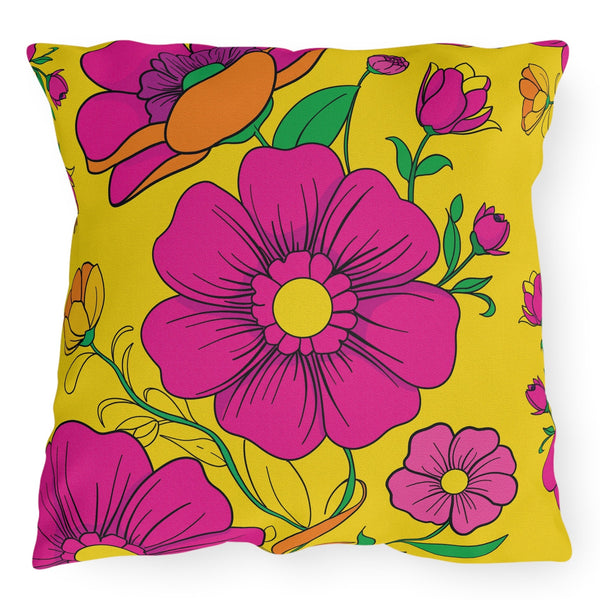 Vibrant Yellow & Pink Floral Indoor Outdoor Accent Pillow