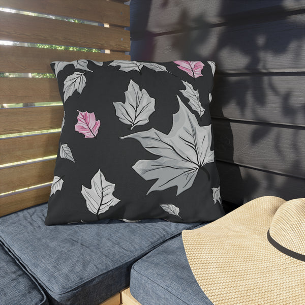 Dark Grey & Pink Fall Leaves Indoor Outdoor Pillow