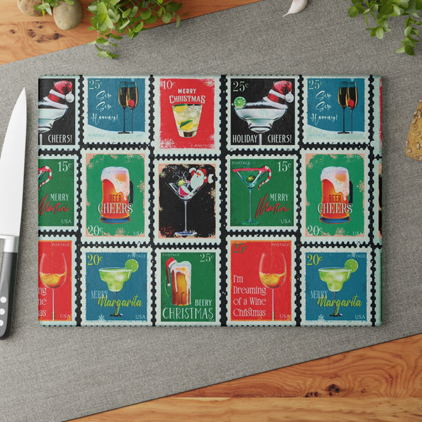 Cocktail Postage Stamps Christmas Cutting Board