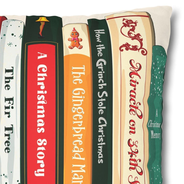 Decorative pillow with book spine designs on a white background