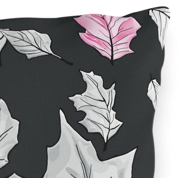 Dark Grey & Pink Fall Leaves Indoor Outdoor Pillow