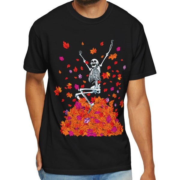 Man wearing a black t-shirt with a colorful skeleton design on a white background