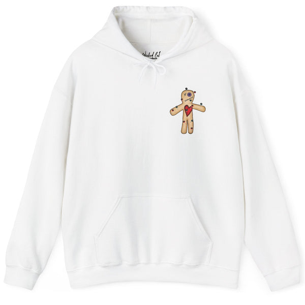 White hoodie with a voodoo doll design on a white background