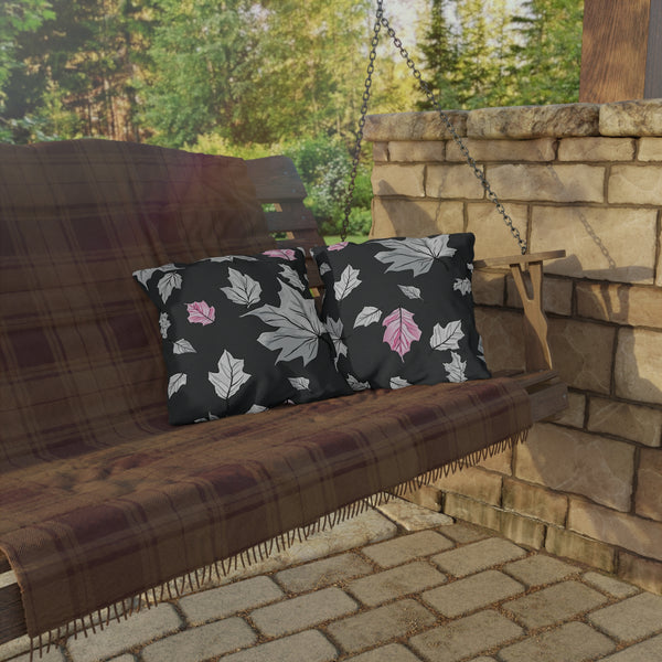 Dark Grey & Pink Fall Leaves Indoor Outdoor Pillow