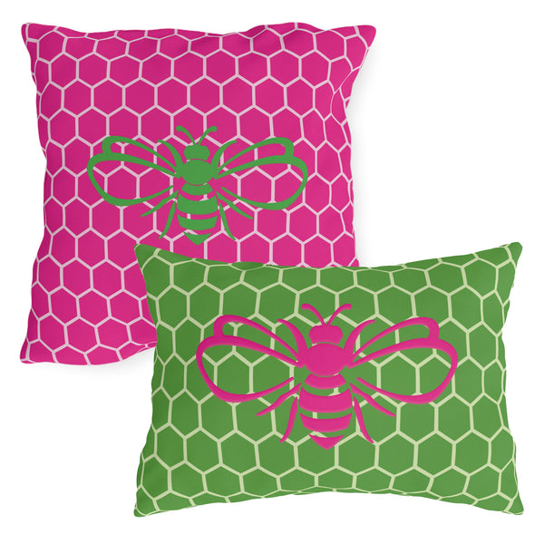 Honeycomb Bee Reversible Pink & Green Indoor Outdoor Accent Pillow