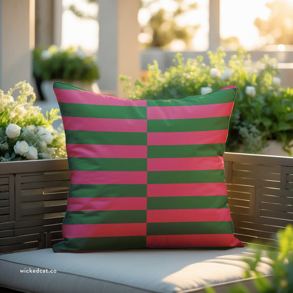 Pink and Green Striped Indoor Outdoor Throw Pillow