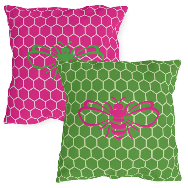Honeycomb Bee Reversible Pink & Green Indoor Outdoor Accent Pillow