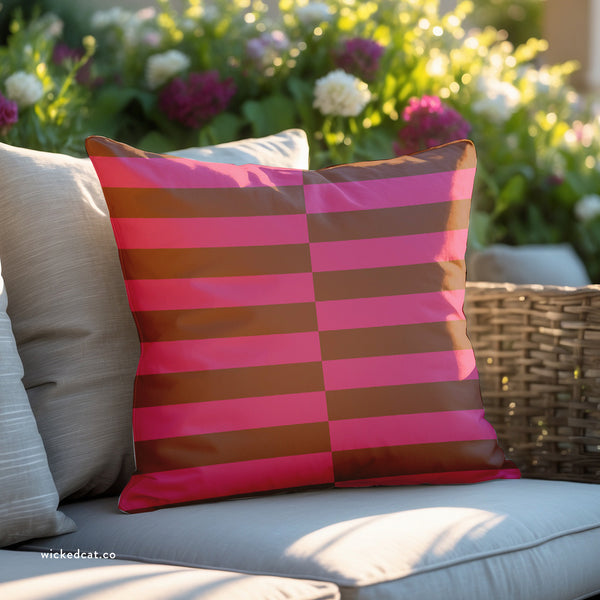 Pink & Brown Striped Indoor Outdoor Throw Pillow