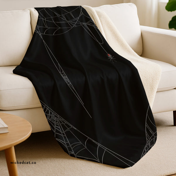 Spiderweb Black Halloween Plush Sherpa Throw Blanket