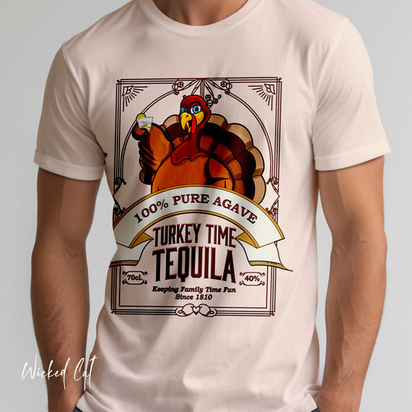T-shirt with a turkey-themed tequila label design on a plain background