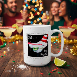 mug with 'Merry Margarita Postage Stamp Christmas 15oz' graphic on a white background