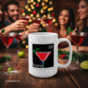 mug with 'Merry Martini Postage Stamp Christmas 15oz' graphic on a white background