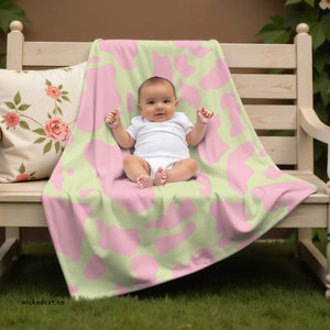 soft sherpa blanket with 'Pink & Green Cow Print' design