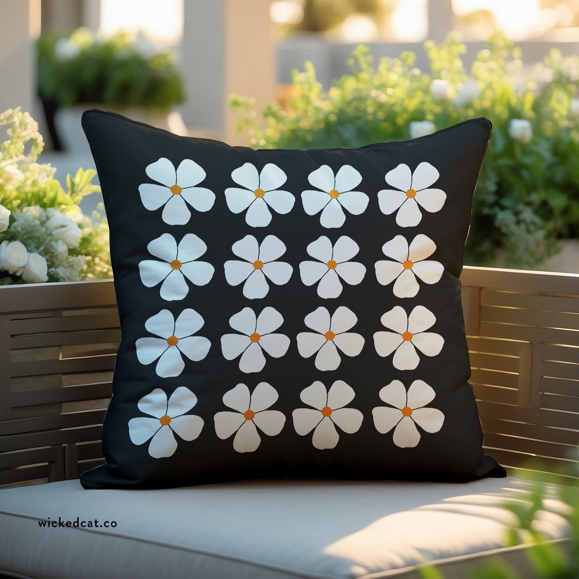 Black White Floral Indoor Outdoor Spring Accent Pillow