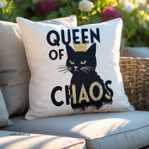 throw pillow with 'Queen of Chaos' design