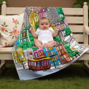soft sherpa blanket with 'Whimsical San Francisco' design