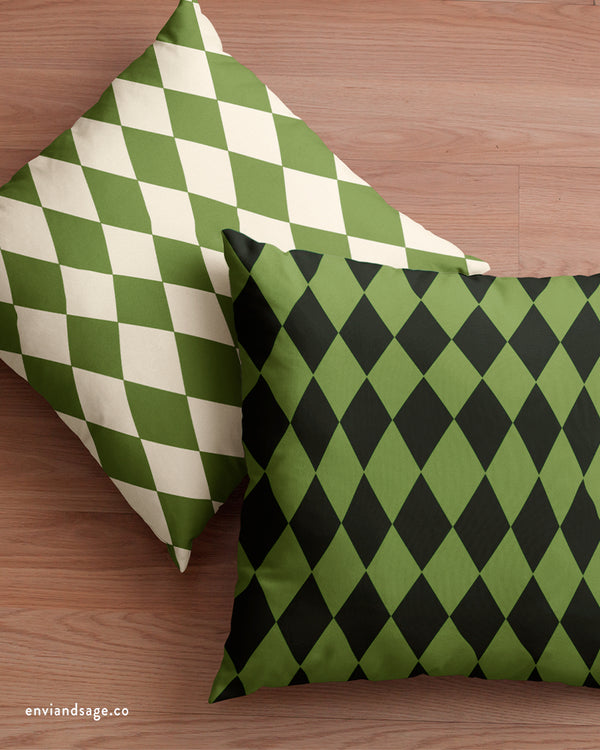 Green & Ivory Harlequin Reversible Throw Pillow Cover
