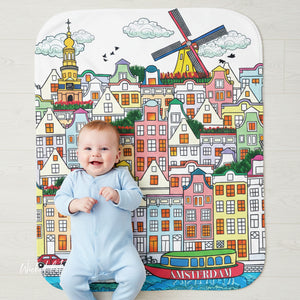 soft sherpa blanket with 'Whimsical Amsterdam City' design