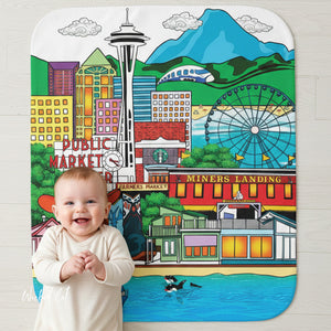 soft sherpa blanket with 'Whimsical Seattle' design