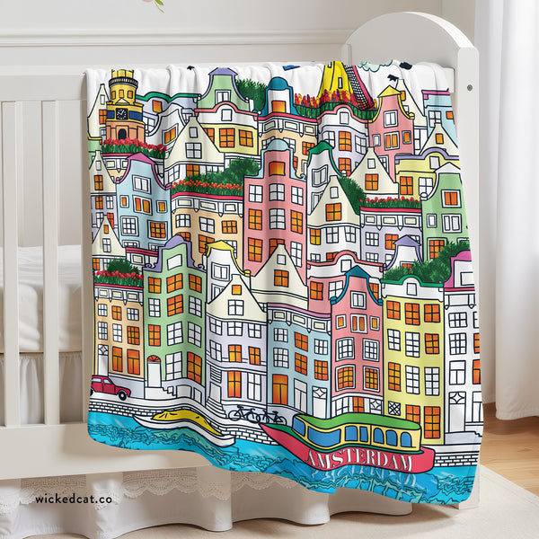 Whimsical Amsterdam City Sherpa Baby Blanket