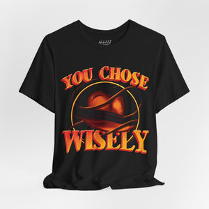 Navy blue t-shirt with '80s Movies Pop Culture Action Novelty' design on a white background
