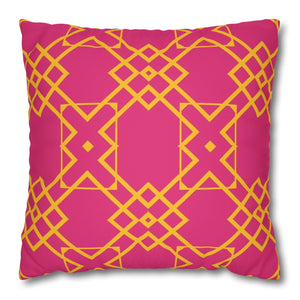 A square-shaped pillow cover with a geometric pattern, featuring a pink background with yellow lines and shapes.
