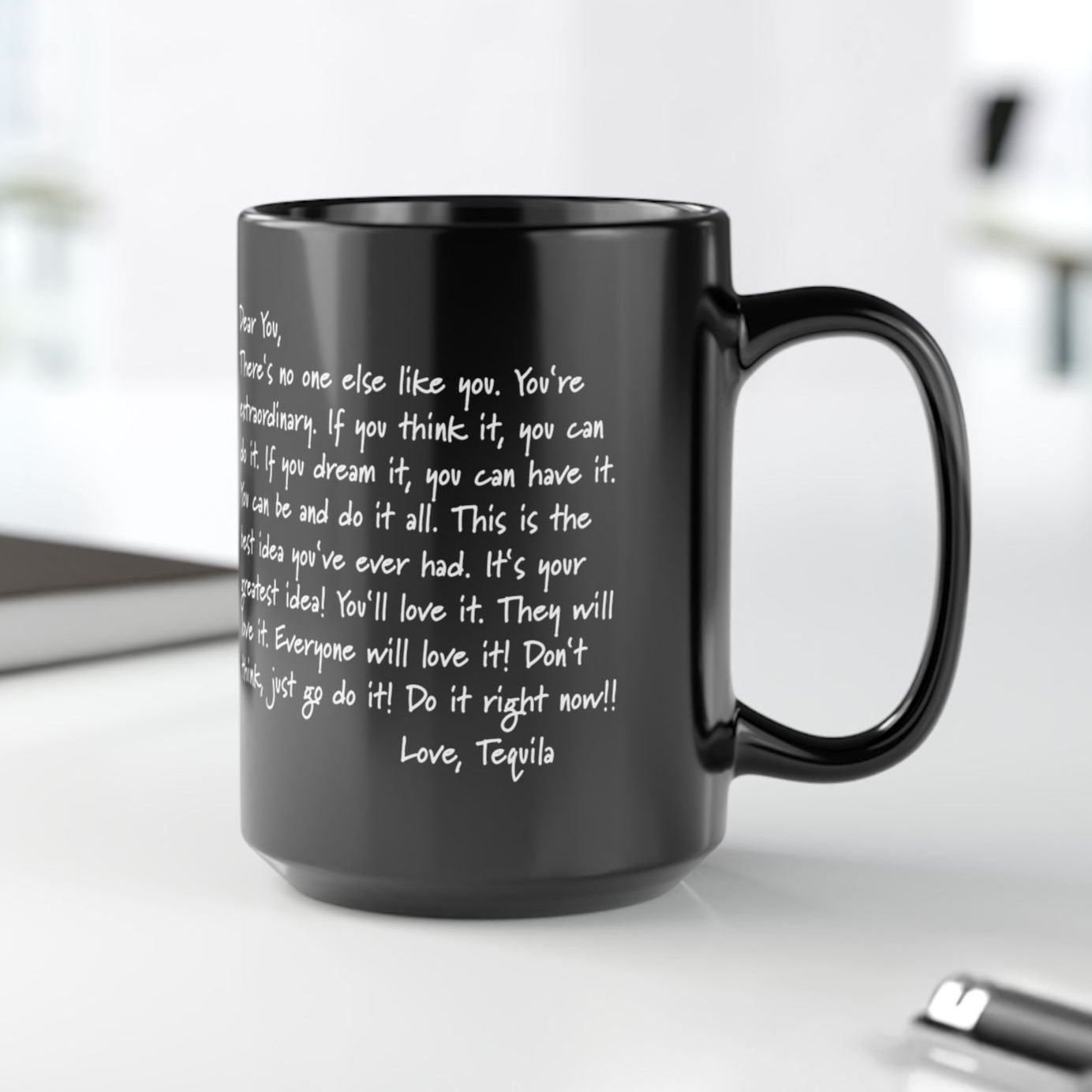 Black mug with a written funny love letter printed on both sides.