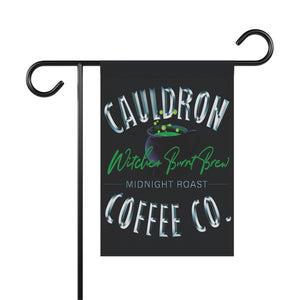Garden flag with 'Witches Cauldron Coffee Company Halloween' design